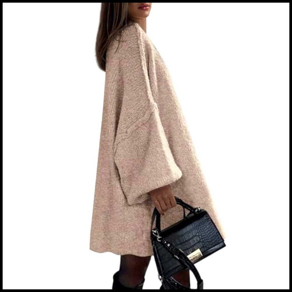 Oversized Long Cardigan Sweater, Drop Shoulder, Open Front, Mid-Thigh Length - Picture 4 of 5